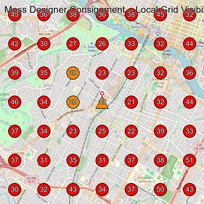 Moss Designer Consignment GeoGrid visibility map for Vintage Clothing Store in Austin